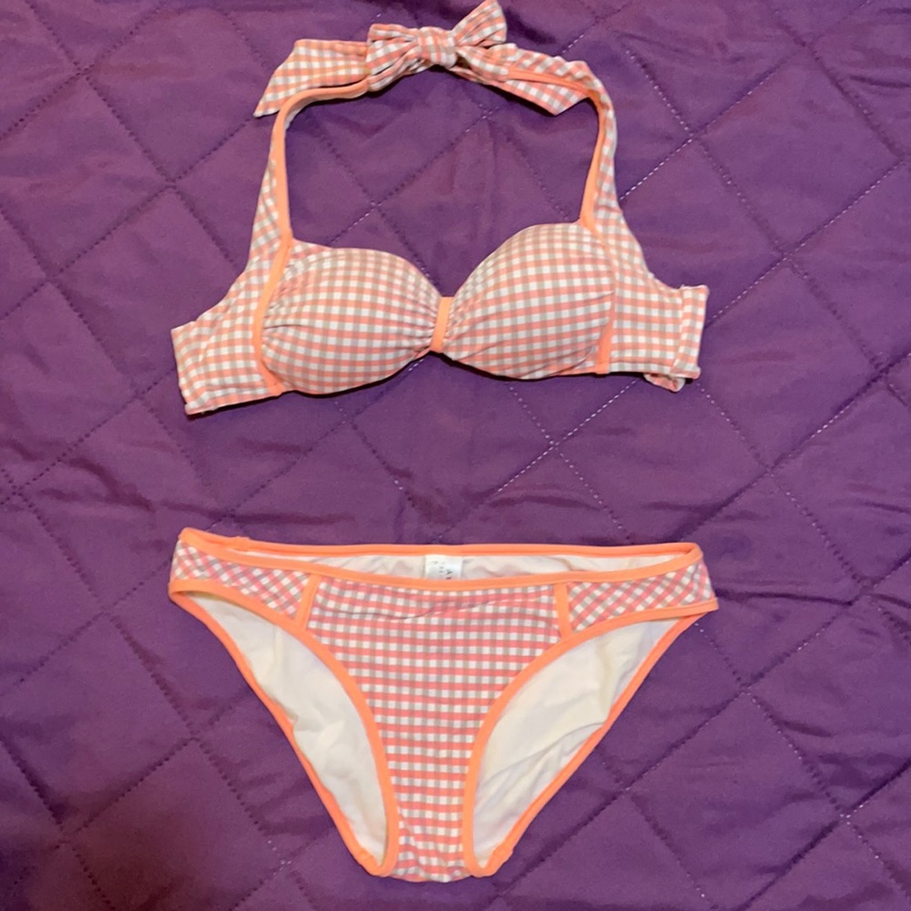Seafolly coral w/gray plaid bikini